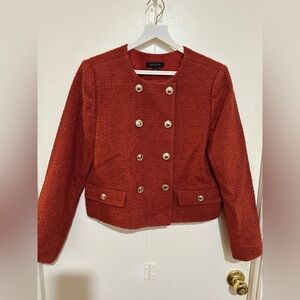 Ann Taylor Textured Rust Brick Red Double-Breasted Blazer with Gold Buttons - 8